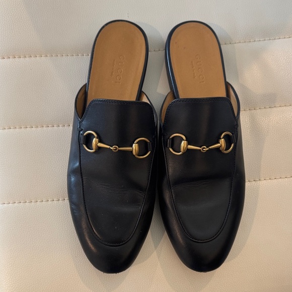 Gucci Black Leather Mules with Gold Detail only worn twice!